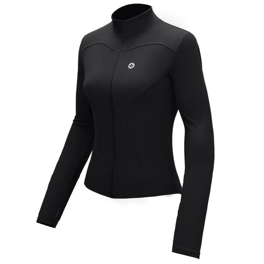 POBODO Women'S Solid Color Thumbhole Zipper Sports Jacket Long Sleeve Stand up Collar Front Zip Outerwear for Yoga Fitness Workout Gym Clothing Volleyball Uniform Split Sleeve Slim Fit