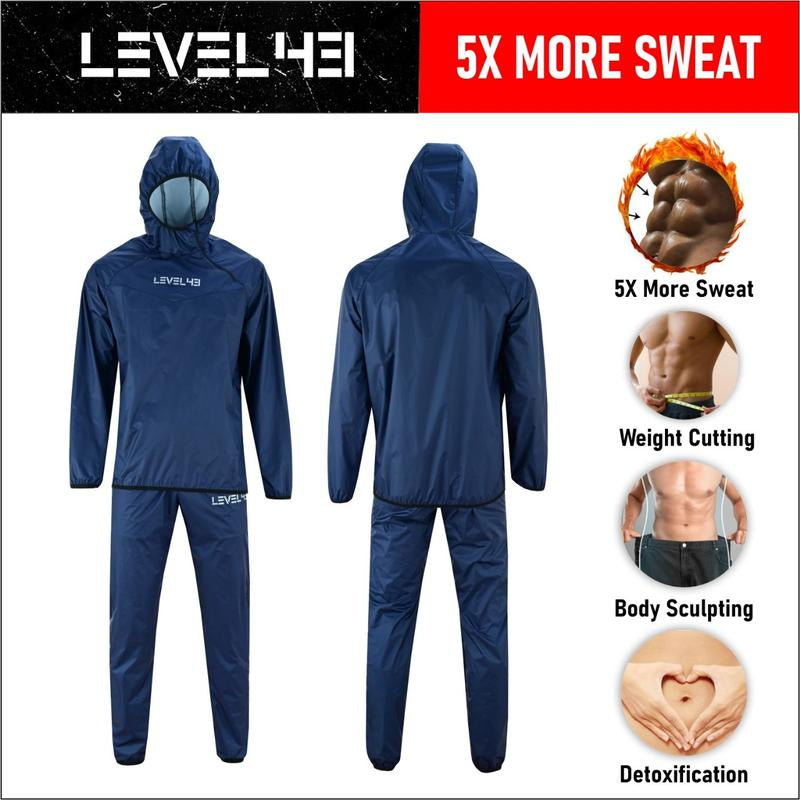 Level 43 Hooded Sauna Suit for Men and Women - anti Rip Workout Suit for Exercise Gym Fitness, Weight Loss Slimming Suit