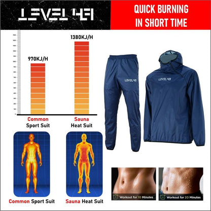 Level 43 Hooded Sauna Suit for Men and Women - anti Rip Workout Suit for Exercise Gym Fitness, Weight Loss Slimming Suit